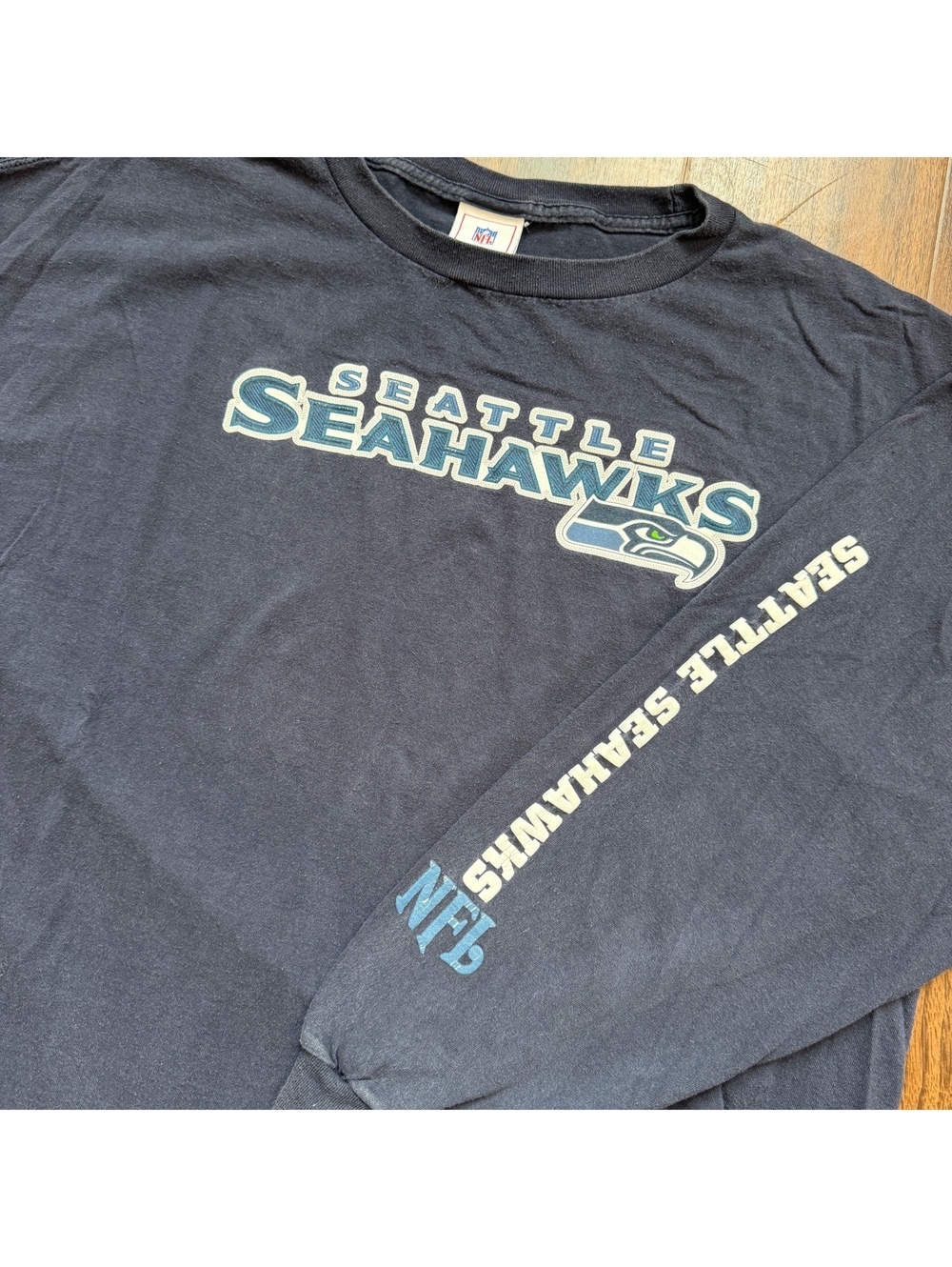 Vintage NFL Seattle Seahawks Long Sleeve Shirt Navy Blue XXL Sleeve Hit Y2K